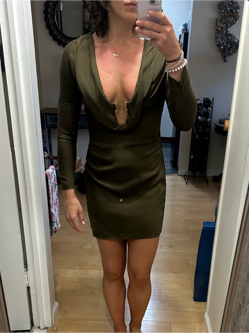 cult gaia Olive Green Deep V Long Sleeve Mini Dress